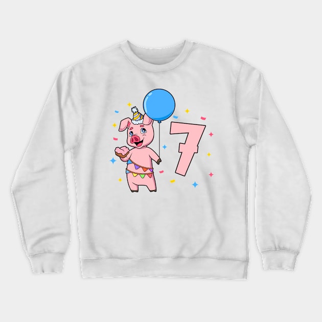 I am 7 with pig - kids birthday 7 years old Crewneck Sweatshirt by Modern Medieval Design